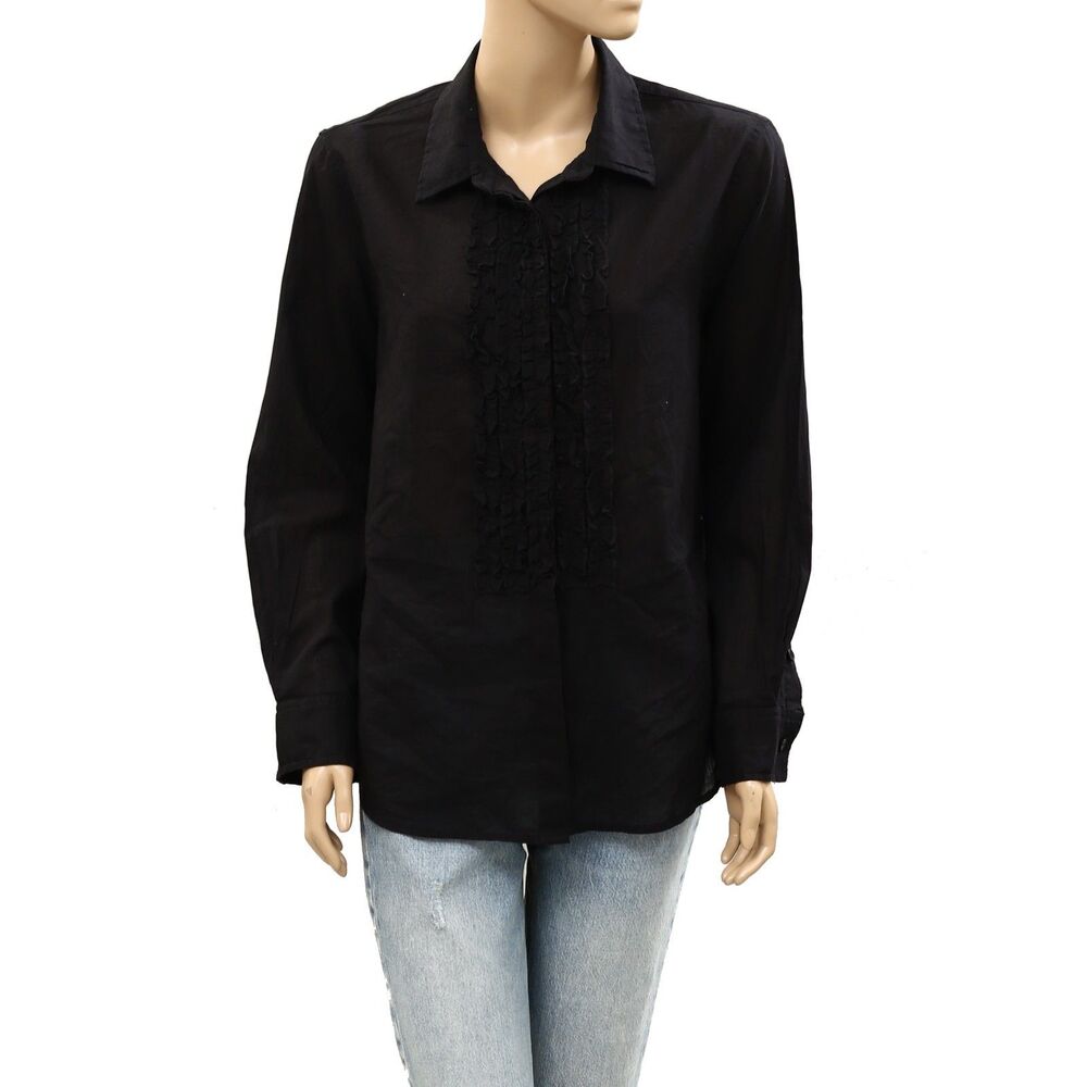 Voyageur by MERSEA Tuxedo Ruffle Shirt Top Buttondown Cotton Black L 287418